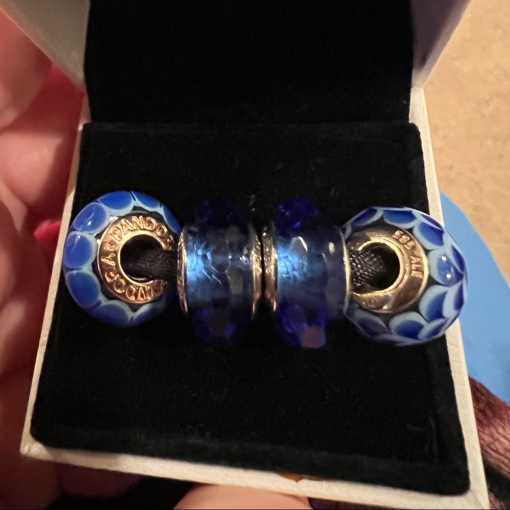 2 14k Pandora Blue Lotus Muranos + 2 blue faceted S925 Muranos